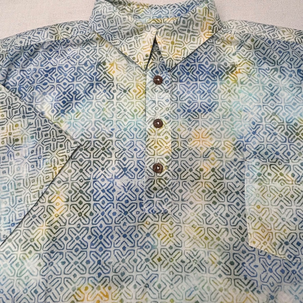 Pete Huntington Bali Batik Polo Shirt Mens XL Blue Green Yellow Camp Pullover‎